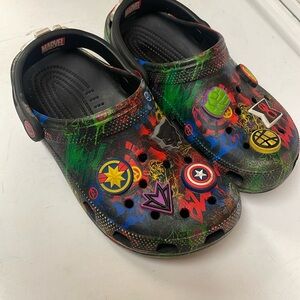 Size 4 good condition big kids Marvel crocs.